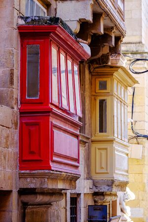 Typical colorful balconies in Valletta - symbol of Malta.の写真素材