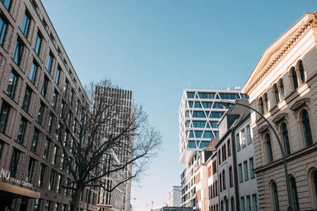 BERLIN, GERMANY - 04.04.2020: View on the  street with modern builings in the center of Berlin.のeditorial素材