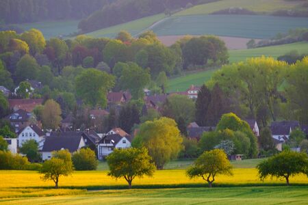 Beautiful landscape with view of the rapeseed fields and the small German town of Bad Pyrmont.の写真素材