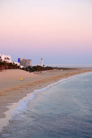 View on the beach of Morro Jable on the sunset on the Canary Island Fuerteventura, Spain.の写真素材