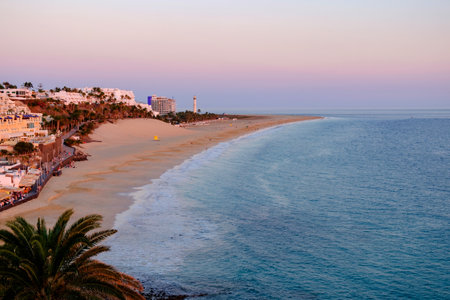 View on the beach of Morro Jable on the sunset, on the Canary Island Fuerteventura, Spain.