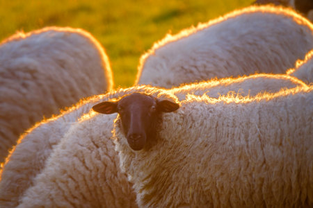 White sheep with a black head on a green meadow in the sun, golden hour, Suffolk sheep in Bad Pyrmont in Germany.の写真素材