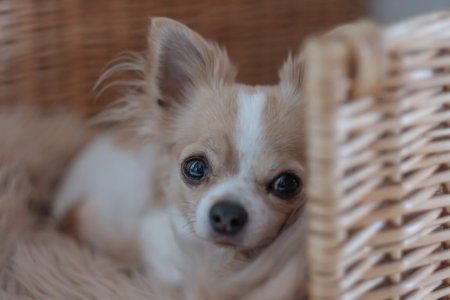 A small white-and-beige Chiwawa dog lies on a brown fur rug.の写真素材
