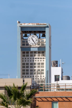 Las Palmas de Gran Canaria, Canary Islands, Spain - June 11, 2014: An old clock tower with two...