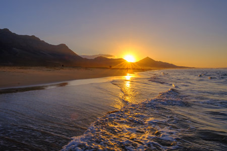 Sunset on Cofete beach on the Canary island Fuerteventura, Spain.の写真素材