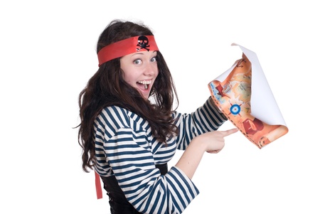 portrait of Attractive girl in a pirate costume and with map in handの写真素材