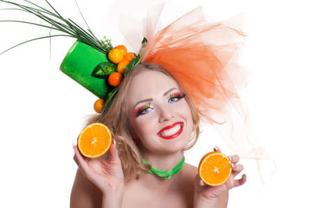 portrait of a girl with fashion makeup on white backgroundの写真素材