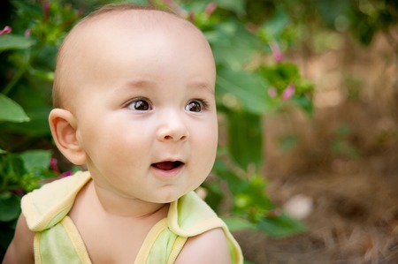 Portrait of a cute kid on a green lawnの写真素材