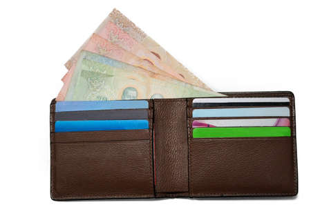 Brown leather wallet for men isolated on white backgroundの写真素材