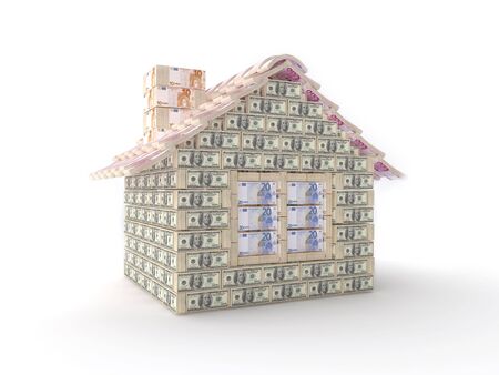 The house made of 100 dollar packs with tiles made of 500 Euro packsの写真素材