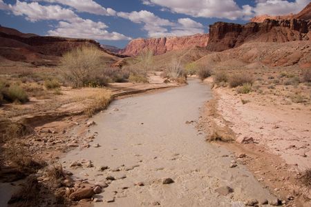 The Paria River leads through the Lonely Dell Ranch to the Colorado River at the start of the Grand Canyon.の写真素材