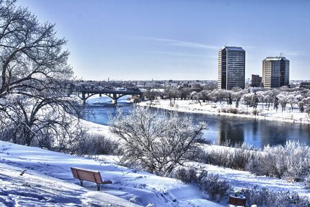 Buildings and architecture on a frosty winter day in Saskatoon, Canadaの写真素材