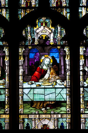 Stained glass windows at church reflecting religious figuresのeditorial素材