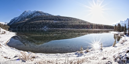 Icy waters of the Two Jack Lake in Banff National Park, Alberta, Canadaの写真素材