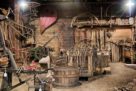 Inside the building of an Blacksmith Shop with all the toolsのeditorial素材