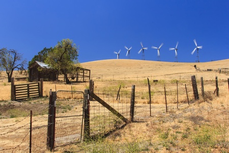 Wind turbine generators generating electric power through Patterson Pass in Californiaの写真素材