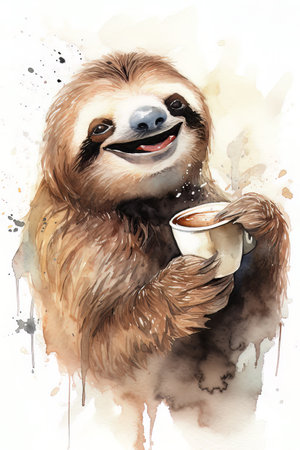 A Whimsical Watercolor of a Cuddly Critter Enjoying a Cozy Cup of Coffeeの素材