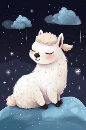 Llama sleeping on a cloud on a starry nightの素材