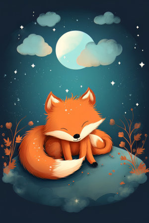 Fox sleeping on a cloud on a starry nightの素材