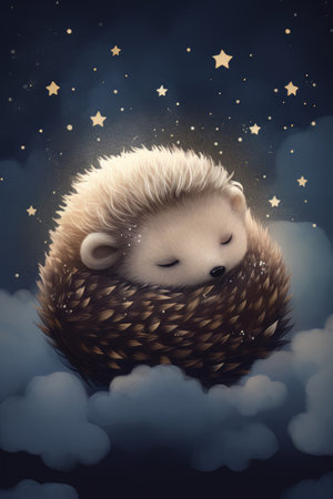 Hedgehog sleeping on a cloud on a starry nightの素材