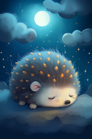 Hedgehog sleeping on a cloud on a starry nightの素材