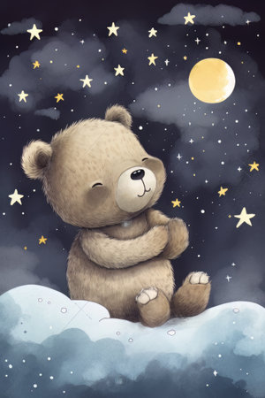 Bear sleeping on a cloud on a starry nightの素材