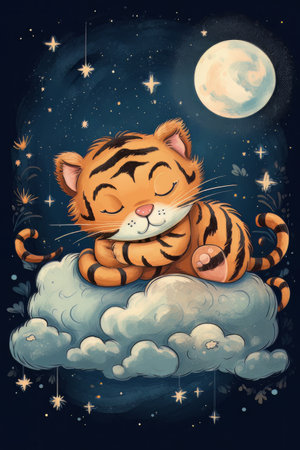 Tiger sleeping on a cloud on a starry nightの素材