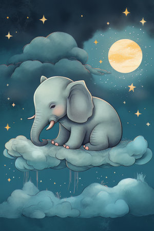 Elephant sleeping on a cloud on a starry nightの素材