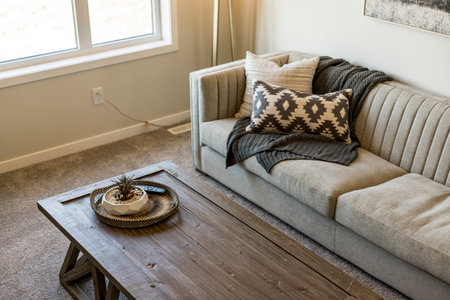 A living room with a couch and a coffee table. The couch is covered with a blanket and a pillowの写真素材