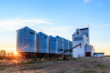 A large grain silo with the words "Land of the Lamb" on it. The silo is surrounded by several other silosの写真素材