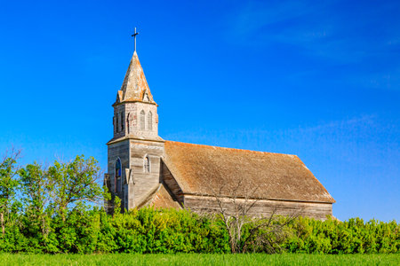 The old weathered wood church abandoned on the Canadian Praires.の写真素材