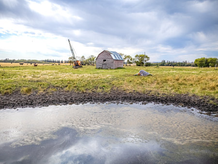 A farm with a barn and a pond. The pond is murky and the barn is old. The sky is cloudy and the grass is greenの写真素材