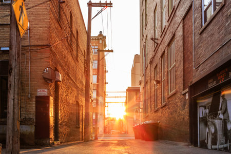 A street with a yellow crosswalk sign and a building with a sign.の写真素材