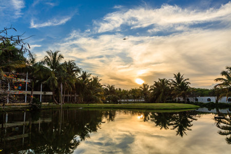 A beautiful sunset over a lake with palm trees in the background. The sky is filled with clouds, creating a serene and peaceful atmosphereの写真素材