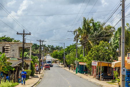 A street with a few buildings and a few people walking around. The street is lined with palm trees and there is a truck on the roadの写真素材