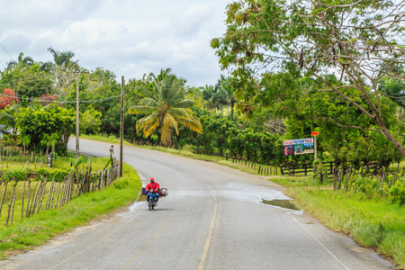 A man rides a motorcycle down a country road. The road is wet and the sky is cloudyの写真素材