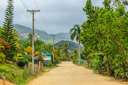 A dirt road with a few houses and trees in the background. The road is not paved and he is in a rural areaの写真素材