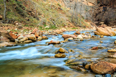 A river with a rocky bed and a few trees in the background. The water is flowing and the rocks are scattered throughout the riverの写真素材