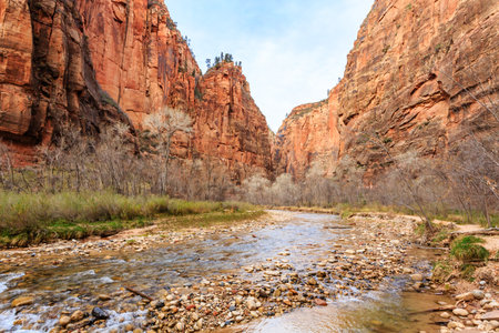 A river runs through a canyon with a cloudy sky in the background. The water is clear and the rocks are scattered along the riverbedの写真素材
