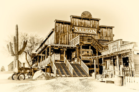 A rustic old building with a sign that says "Saloon" on it. The building has a lot of wooden elements and a large cactus in front of itの写真素材