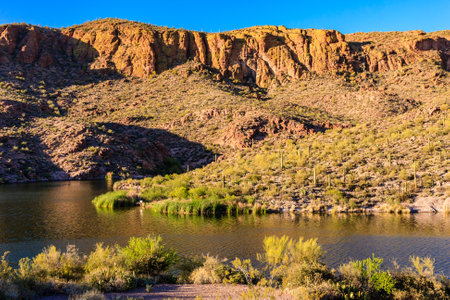 A mountain range with a lake in the foreground. The lake is surrounded by desert vegetation and the mountains are covered in rocks. The scene is peaceful and sereneの写真素材