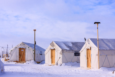Three tents are set up in a snowy field. The tents are white and have wooden doors. Scene is peaceful and serene, as the tents are set up in a quiet, snowy environmentの写真素材