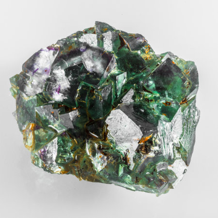 Fluorite is a very popular mineral, and it naturally occurs in all colors of the spectrum.  This rock is primarily green and purple.の写真素材