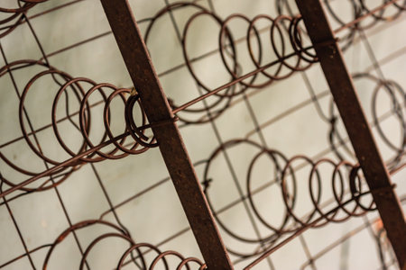 A metal frame with many springs and a wire mesh. The springs are twisted and bent in different directions. The frame is old and rustyの写真素材