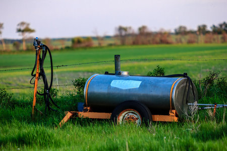 A large tank is sitting in a field with a fence behind it. The tank is empty and is rusting. Scene...