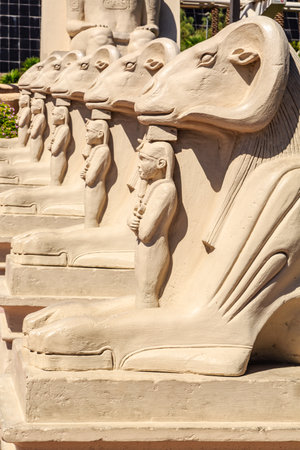 A row of statues of Egyptian gods and goddesses. The statues are made of stone and are arranged in a lineの写真素材