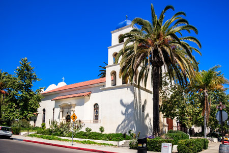 A white church with a blue roof and a blue cross on top. The church is surrounded by trees and a palm treeの写真素材