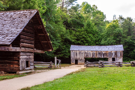 A large, old-fashioned barn sits in a field next to a smaller, older barn. The barns are surrounded by trees and grass, giving the scene a peaceful, rustic feelの写真素材