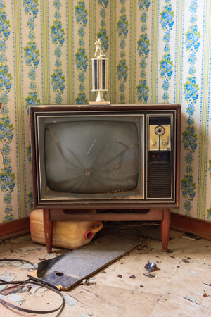 A television is sitting on the floor in a room with a floral wallpaper. The television is old and has a trophy on top of it. The room appears to be messy and disorganizedの写真素材