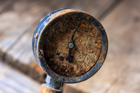 A rusted old pressure gauge with a black face and a white background. The numbers on the gauge are faded and hard to readの写真素材